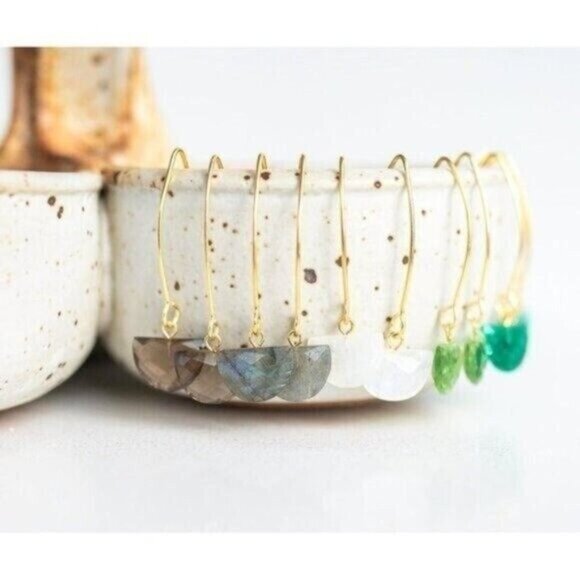 Stunning Gemstone Dangle Earrings Labradorite Earring WATERPROOF Gold Threader - Picture 8 of 14